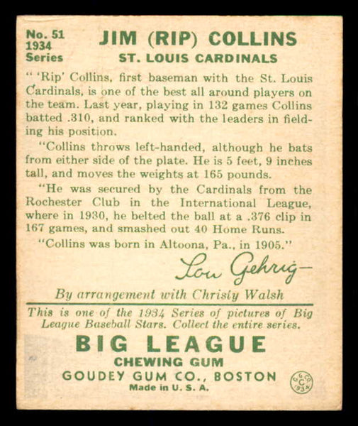 1934 Goudey #051 Rip Collins Cardinals VG-EX/EX 533552