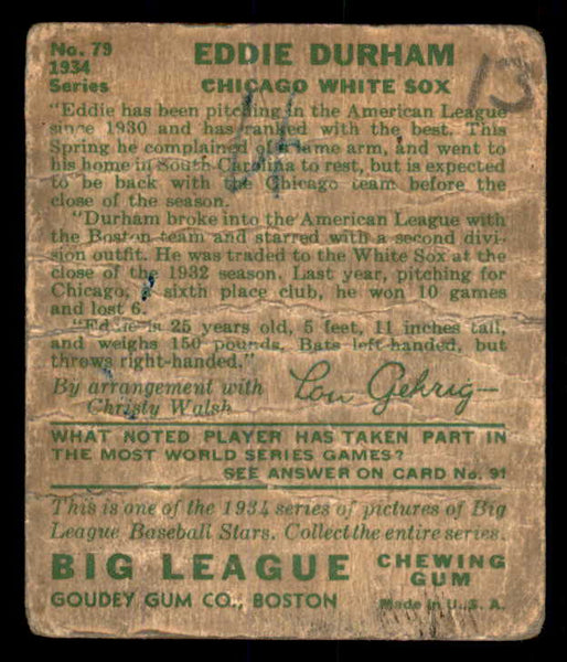 1934 Goudey #079 Eddie Durham White Sox PR-FR 533554