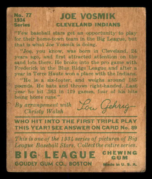 1934 Goudey #077 Joe Vosmik Indians VG 533555