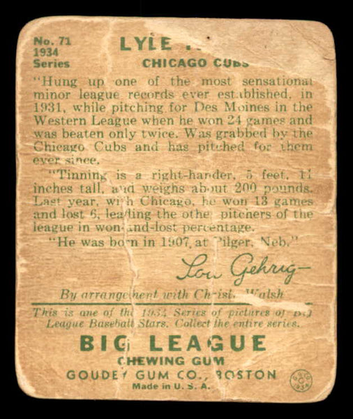 1934 Goudey #071 Lyle Tinning Cubs Fair back damage 533556