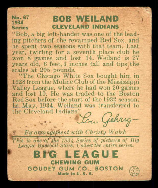 1934 Goudey #067 Bob Weiland Indians GD-VG 533557