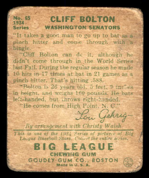 1934 Goudey #065 Cliff Bolton Senators Fair 533558