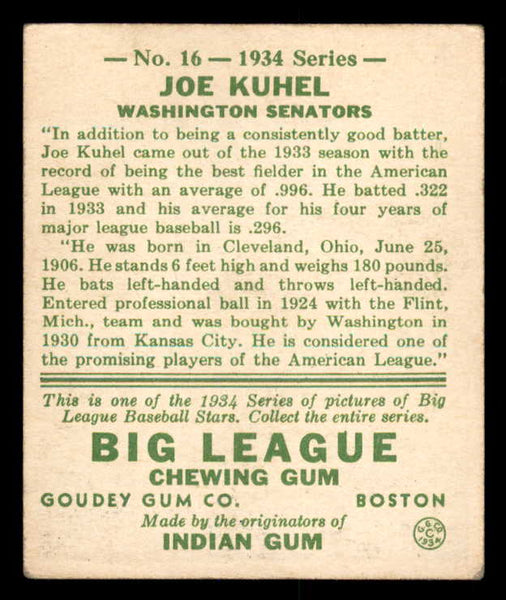 1934 Goudey #016 Joe Kuhel Senators VG-EX 533560