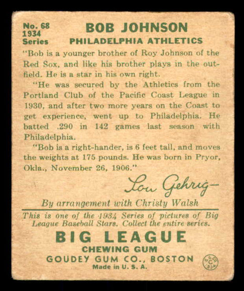 1934 Goudey #068 Bob Johnson A's VG/VG-EX 533561