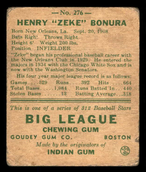 1938 Goudey #276 Zeke Bonura Senators FR-GD 533577