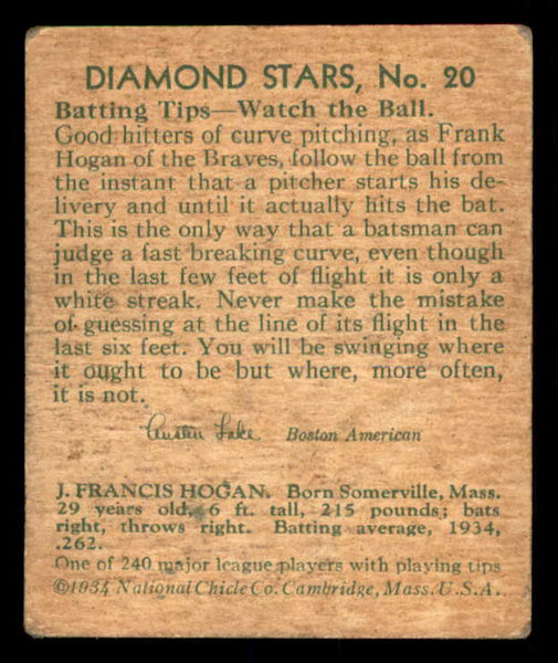 1934-36 Diamond Stars #020 Shanty Hogan Braves VG 533585