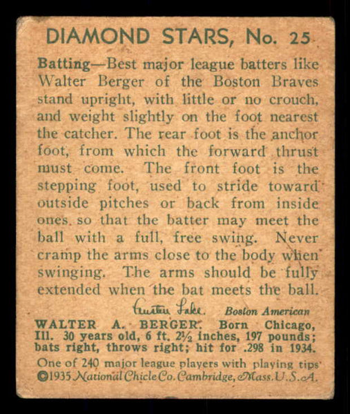 1934-36 Diamond Stars #025 Walter Berger Braves VG 533587