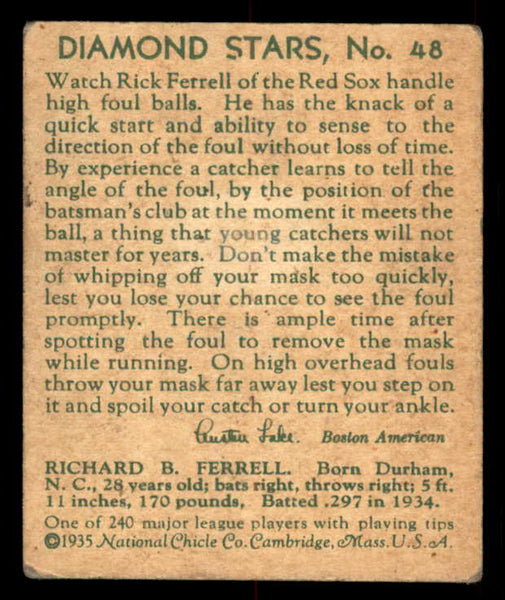 1934-36 Diamond Stars #048 Rick Ferrell Red Sox VG/VG-EX 533592