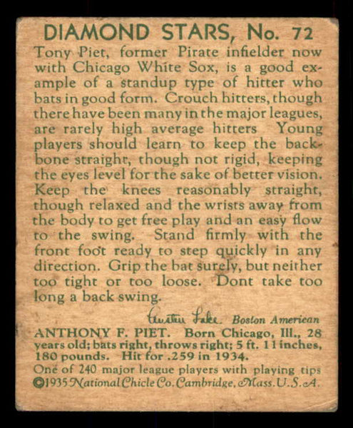 1934-36 Diamond Stars #072 Tony Piet White Sox VG-EX 533595