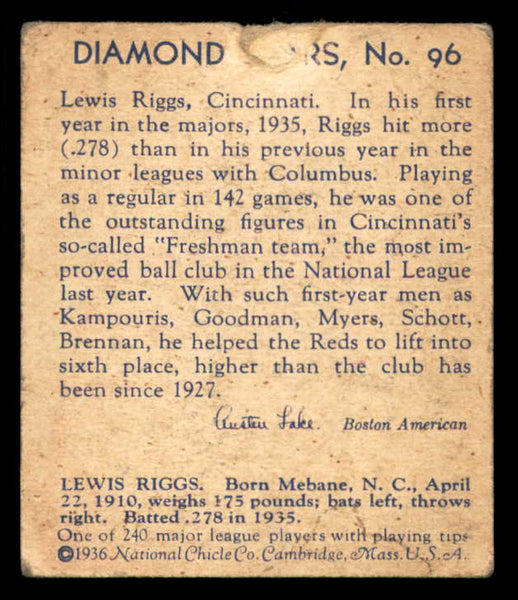 1934-36 Diamond Stars #096 Lew Riggs Reds FR-GD tear 533600