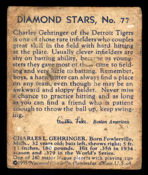 1934-36 Diamond Stars #077 Charles Gehringer Tigers FR-GD 533601