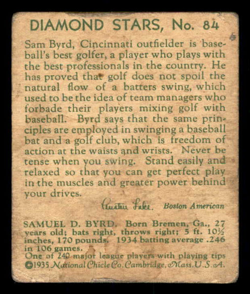 1934-36 Diamond Stars #084 Sam Byrd Reds GD-VG 533603
