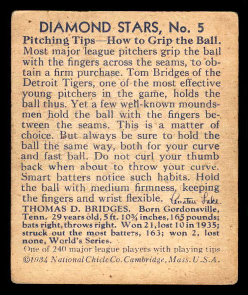 1934-36 Diamond Stars #005 Tommy Bridges Tigers VG-EX 533608