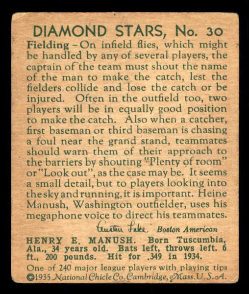 1934-36 Diamond Stars #030 Heinie Manush Senators VG/VG-EX 533610