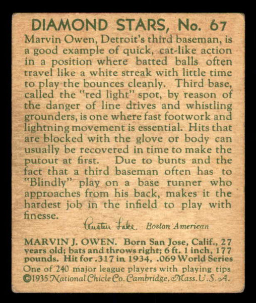 1934-36 Diamond Stars #067 Marvin Owen Tigers VG-EX/EX 533612