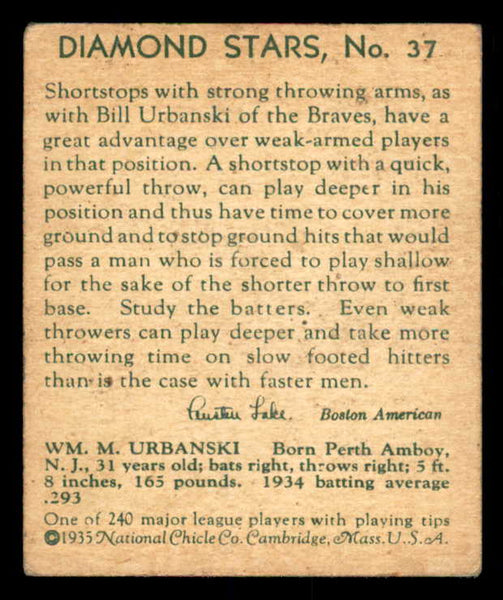 1934-36 Diamond Stars #037 Bill Urbanski Braves VG 533617