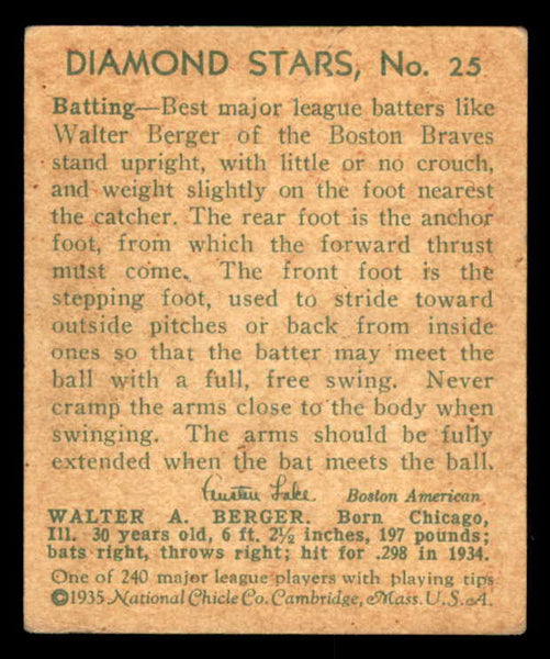 1934-36 Diamond Stars #025 Walter Berger Braves VG-EX/EX 533618