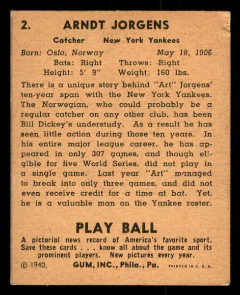 1940 Play Ball #002 Art Jorgens Yankees VG-EX 533620