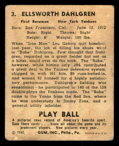 1940 Play Ball #003 Babe Dahlgren Yankees GD-VG 533621