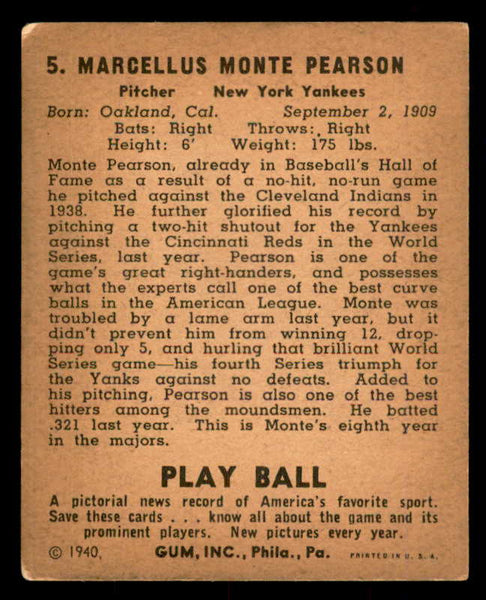 1940 Play Ball #005 Monte Pearson Yankees VG-EX/EX 533622
