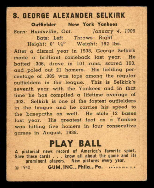 1940 Play Ball #008 George Selkirk Yankees VG-EX 533623