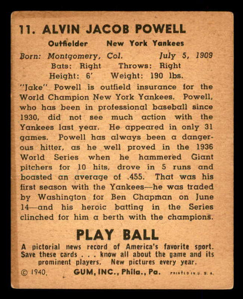 1940 Play Ball #011 Jake Powell Yankees VG 533624
