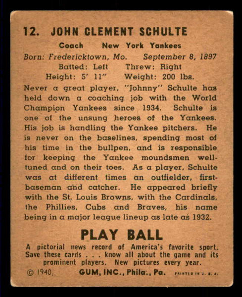 1940 Play Ball #012 Johnny Schulte Yankees VG-EX/EX 533625
