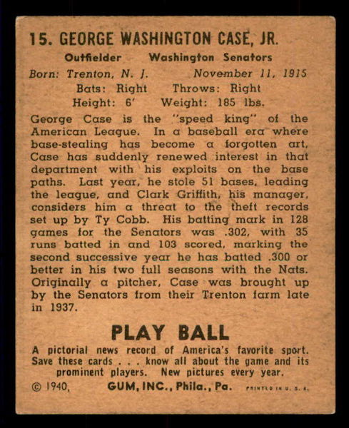 1940 Play Ball #015 George Case Senators VG-EX/EX 533627
