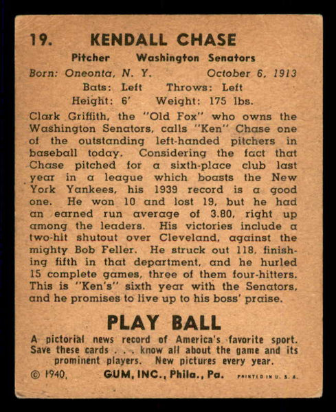 1940 Play Ball #019 Ken Chase Senators VG-EX 533629