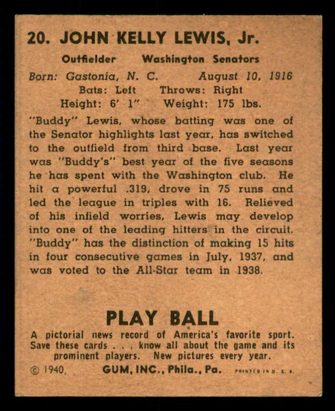1940 Play Ball #020 Buddy Lewis Senators VG-EX 533630