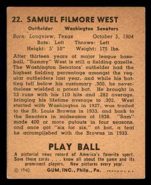 1940 Play Ball #022 Sam West Senators VG-EX/EX 533631