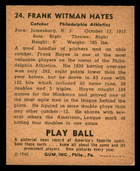 1940 Play Ball #024 Frank Hayes A's GD-VG 533632