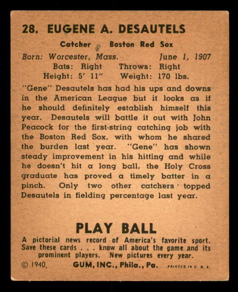 1940 Play Ball #028 Gene Desautels Red Sox EX 533633