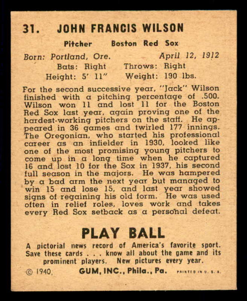 1940 Play Ball #031 Jack Wilson Red Sox EX-MT 533634