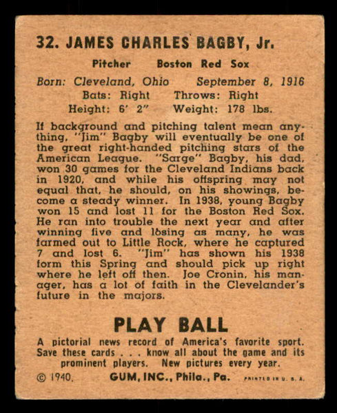 1940 Play Ball #032 Jim Bagby Red Sox VG-EX 533635