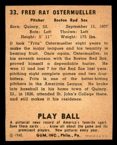 1940 Play Ball #033 Fritz Ostermueller Red Sox Good trimmed 533636