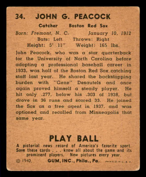 1940 Play Ball #034 John Peacock Red Sox VG 533637
