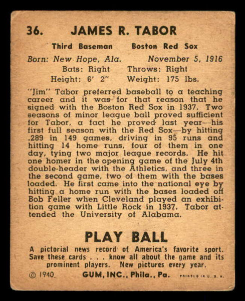 1940 Play Ball #036 Jim Tabor Red Sox VG-EX 533638