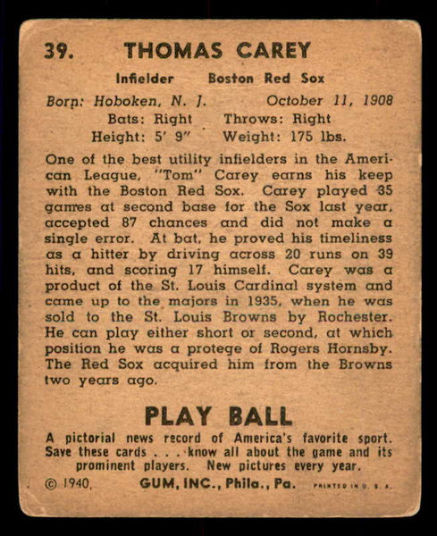 1940 Play Ball #039 Tom Carey Red Sox VG 533639