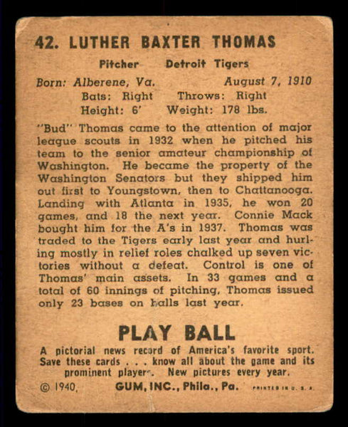 1940 Play Ball #042 Bud Thomas Tigers Good 533640