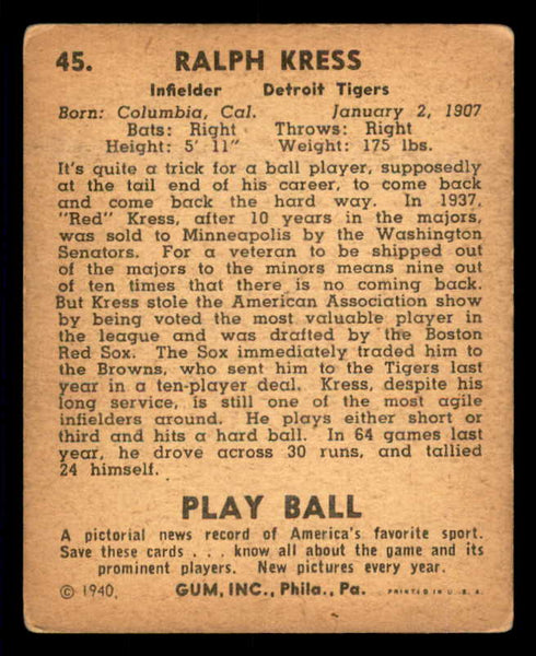 1940 Play Ball #045 Red Kress Tigers GD-VG 533641