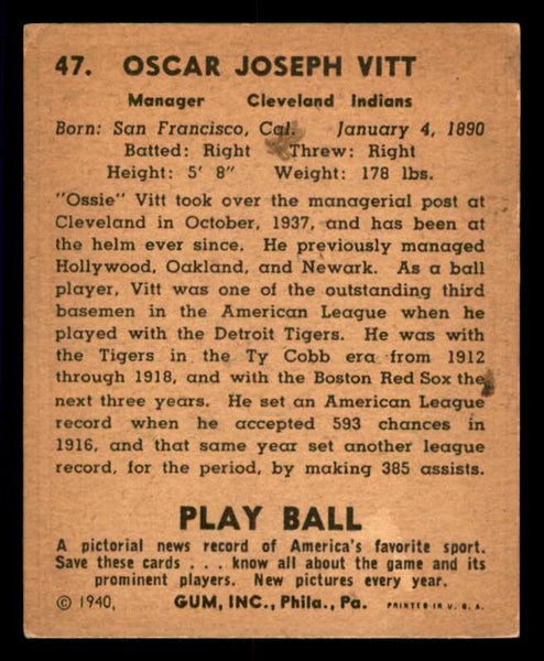 1940 Play Ball #047 Ossie Vitt Indians VG 533642