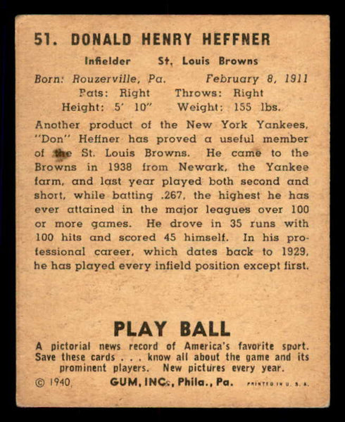 1940 Play Ball #051 Don Heffner Browns VG-EX 533643