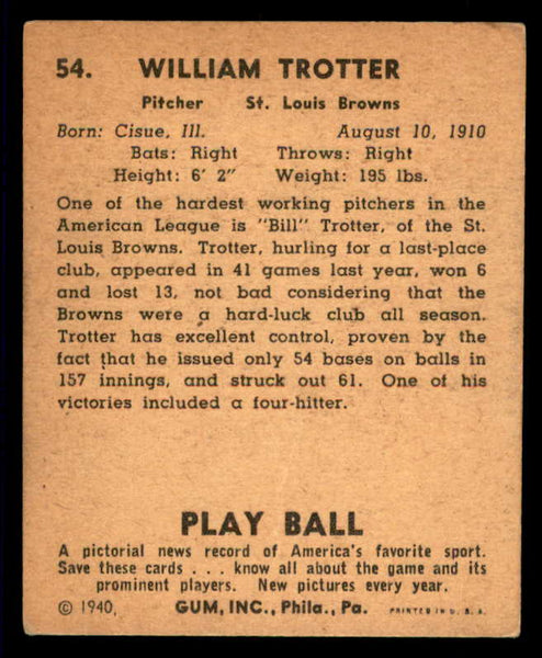 1940 Play Ball #054 Bill Trotter Browns VG 533645