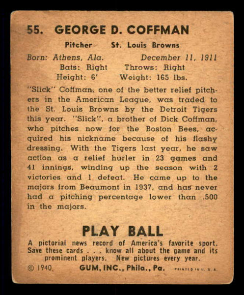 1940 Play Ball #055 Dick Coffman Browns VG-EX 533646