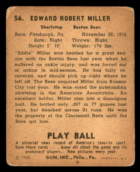 1940 Play Ball #056 Eddie Miller Braves VG 533647