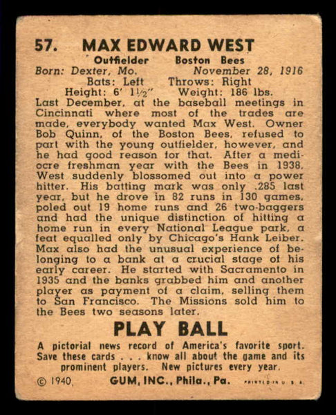 1940 Play Ball #057 Max West Braves VG 533648