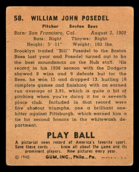 1940 Play Ball #058 Bill Posedel Braves Good 533649