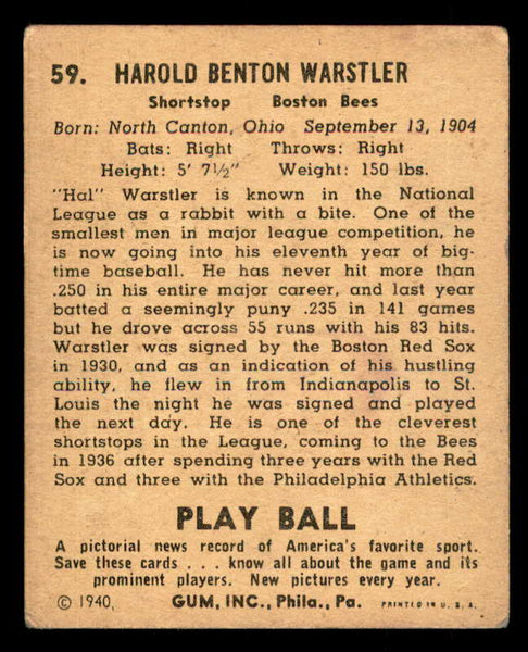 1940 Play Ball #059 Rabbit Warstler Braves VG-EX 533650