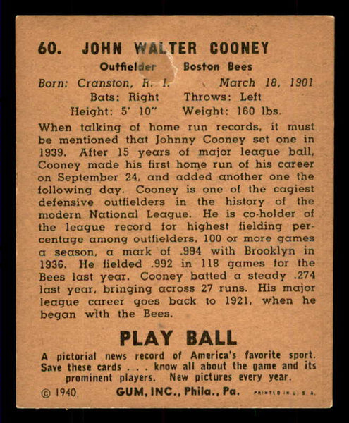1940 Play Ball #060 Johnny Cooney Braves VG residue back 533651
